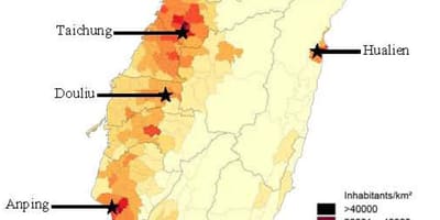 Taiwan biztanleriaren dentsitatea mapa